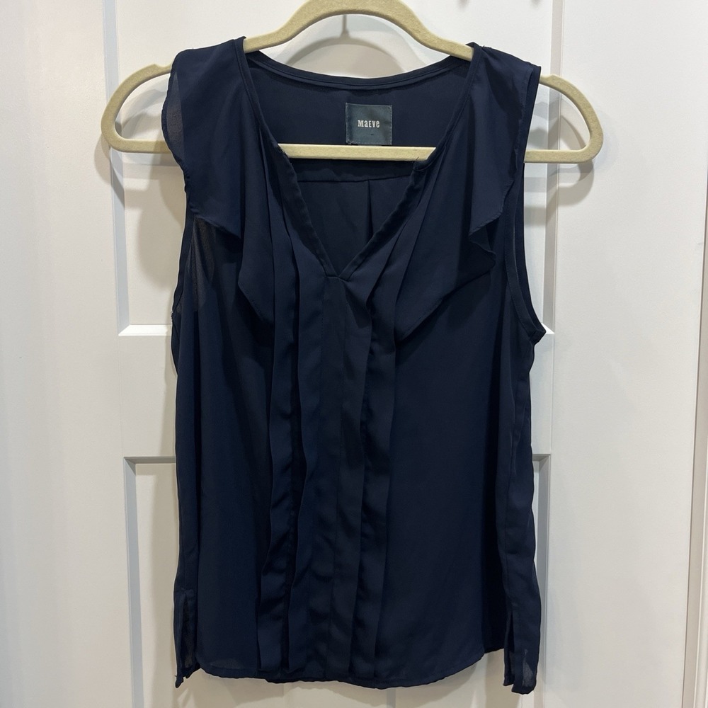 Maeve by Anthropologie Navy Blue Sleeveless Ruffle V Neck Blouse Shirt Size 4